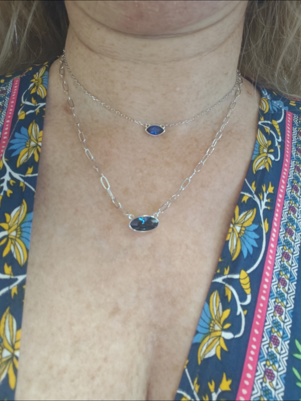 2 Swarovski Silver Tone Blue Oval Pendant Necklaces